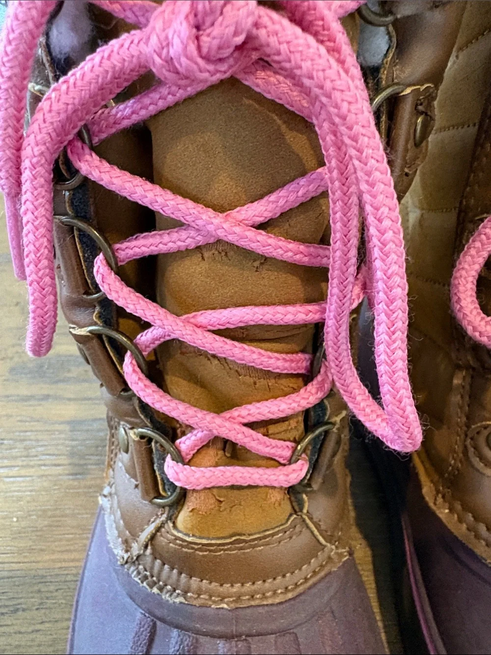 London Fog Brown Winter Duck Boots with Pink Laces and Trim